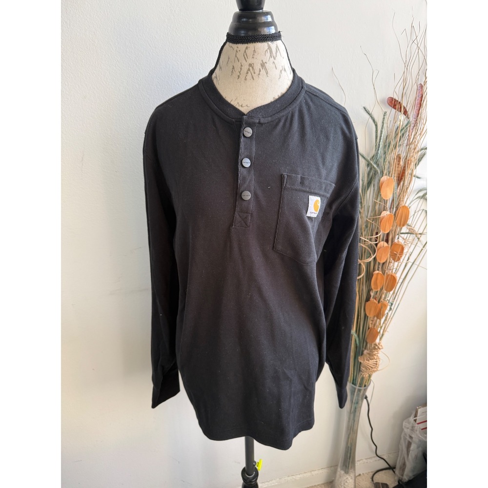 Carhartt Mens Relaxed Fit Henley Long Sleeve Waffle Knit Shirt Black Medium‎